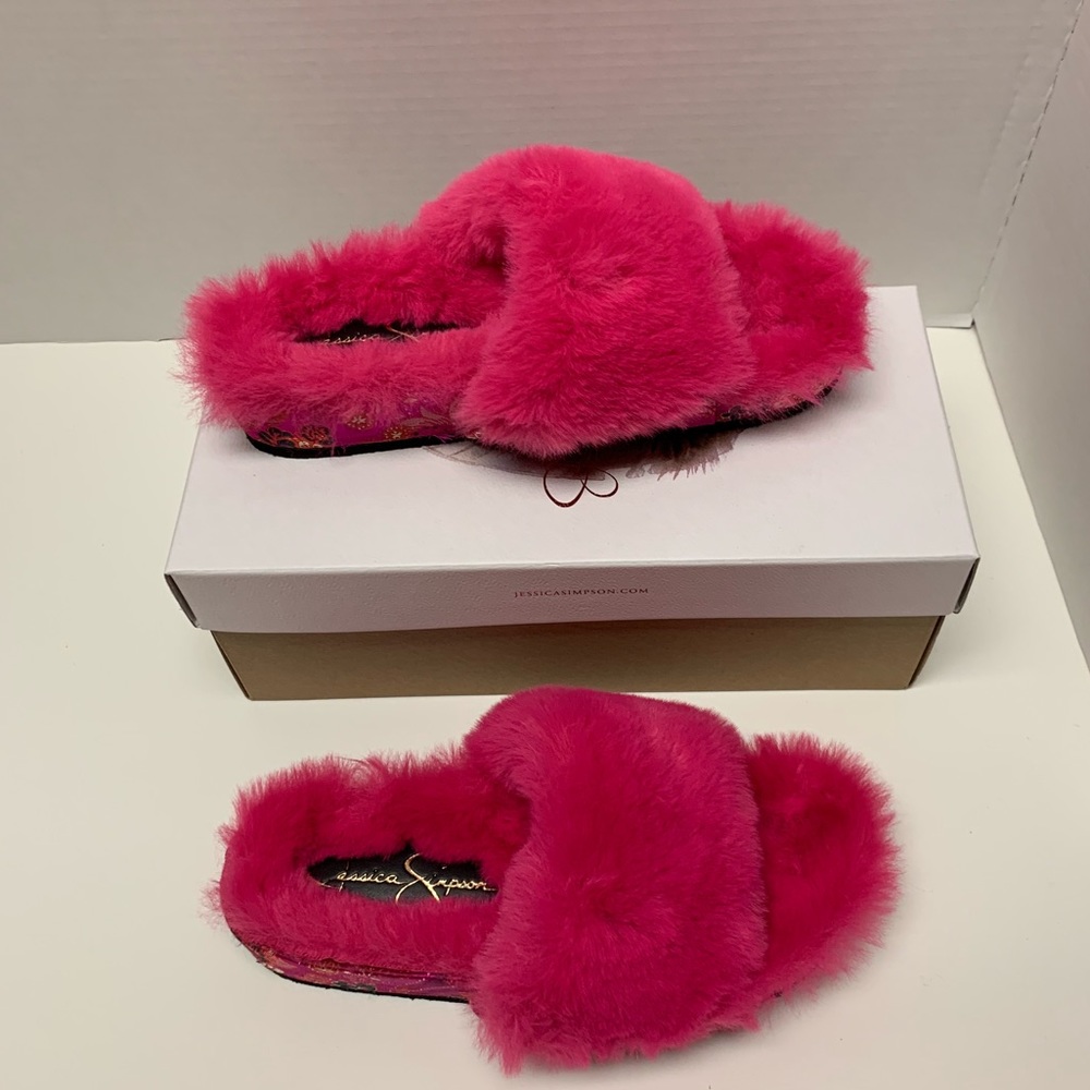 Pink Faux Fur Platform Slides